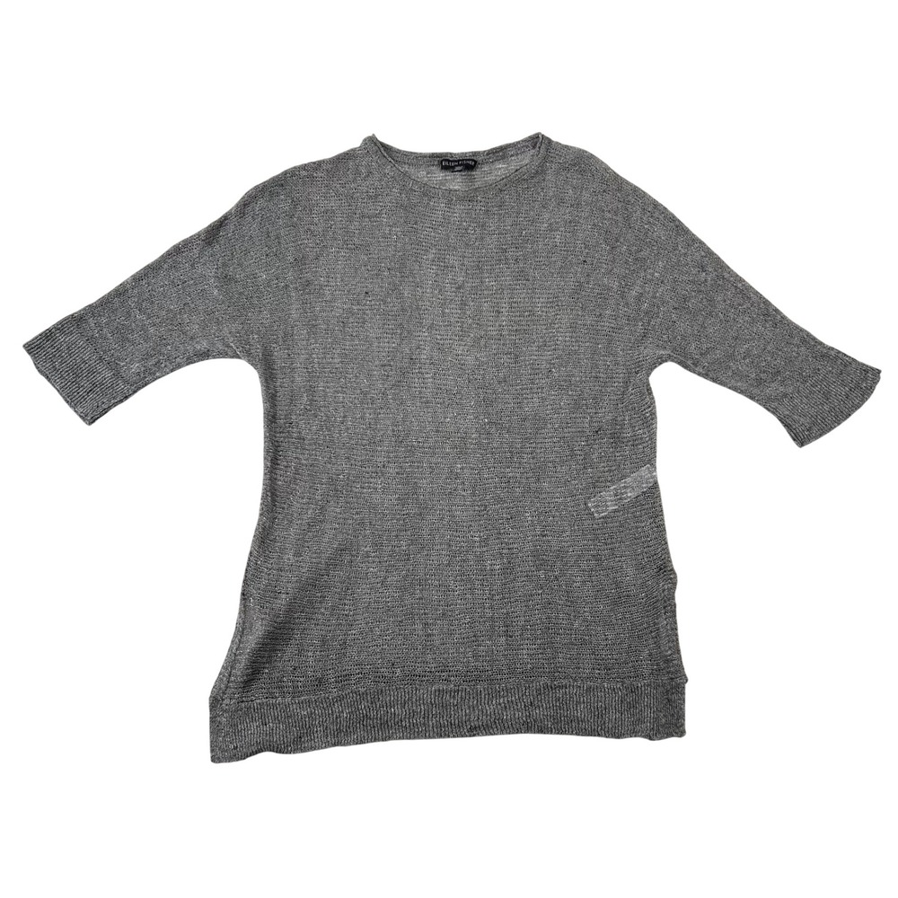 Eileen Fisher Top Womens XS Grey Linen Mesh Cotton 3/4 Sleeve Side Slit Layer